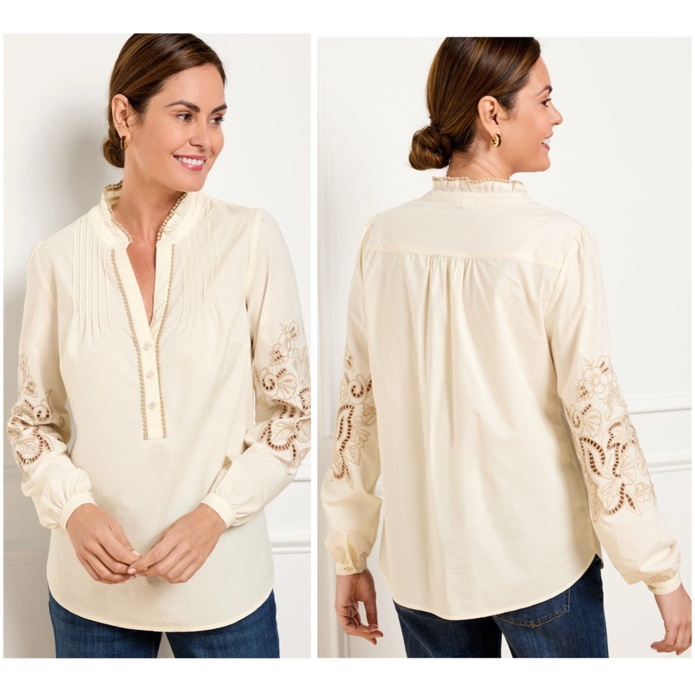 NWT New with Tags Talbots EMBROIDERED SLEEVE POPLIN TOP Sz XL